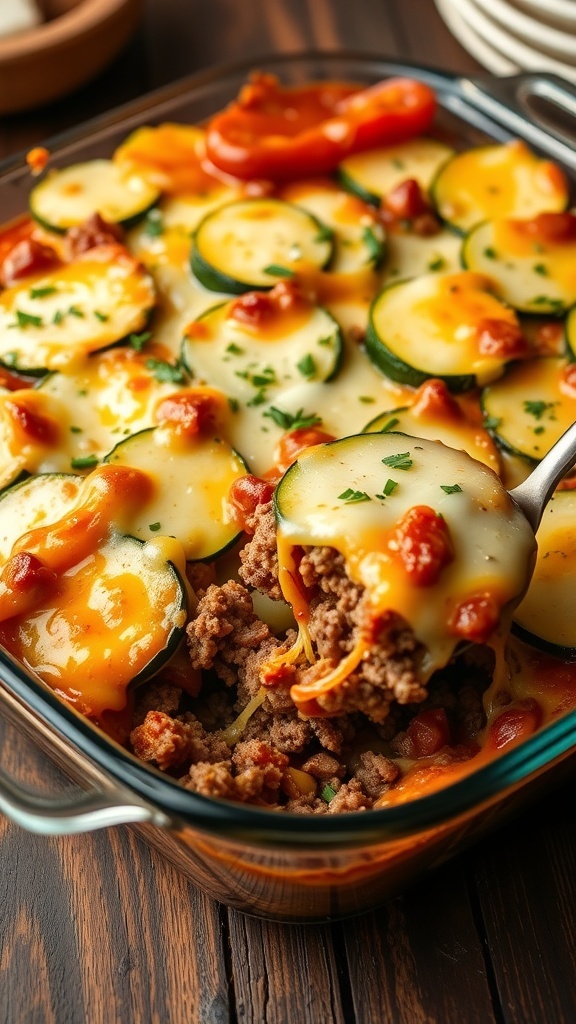 Cheesy hamburger zucchini casserole with ground beef and melted cheese, served in a rustic dish.